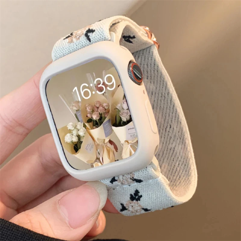 Ретро ремешок с цветком + чехол для Apple Watch, ремешок 49 мм, 40 мм, 44 мм, 45 мм, 41 мм, 38 42 мм, эластичный нейлоновый ремешок для iWatch Serie 3 4 5 6 SE 7 8