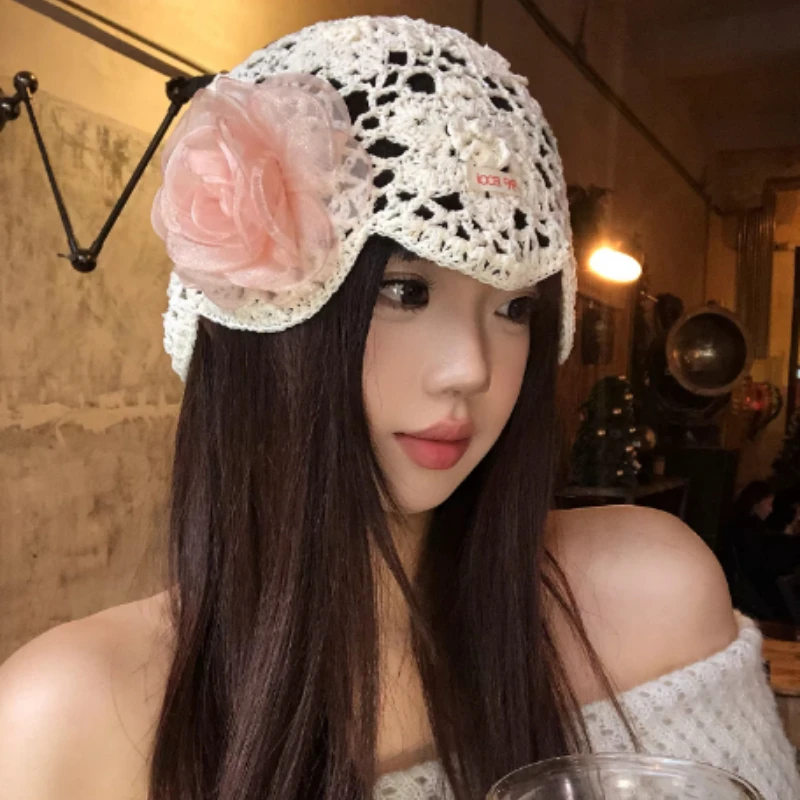 Korean Three-dimensional Flower Handmade Cut-out Pullover Hat for Women Elegant Spring and Summer Temperament Knitted Beanie Cap