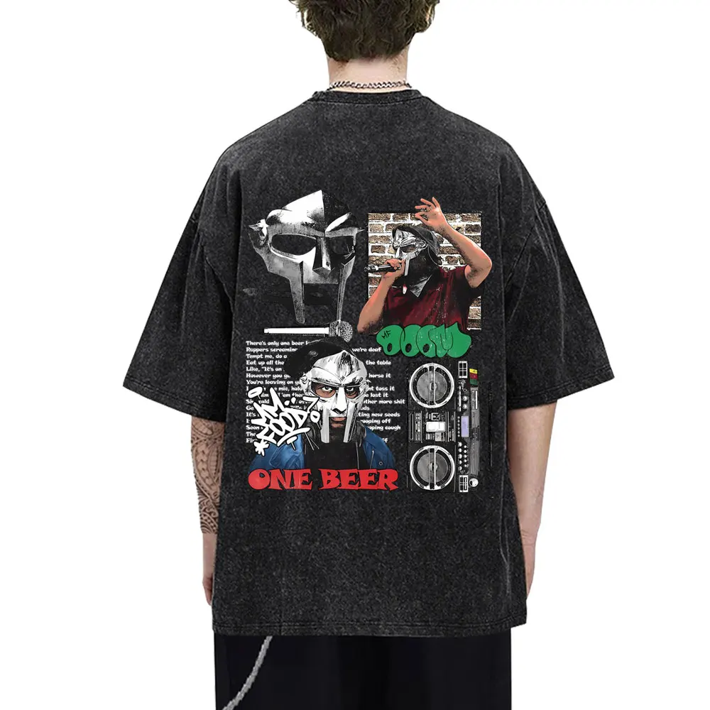 

Washed Vintage Rapper Mf Doom MM FOOD One Beer Graphic Print T Shirt Men Women Hip Hop Fashion T-shirt Male Oversized Streetwear