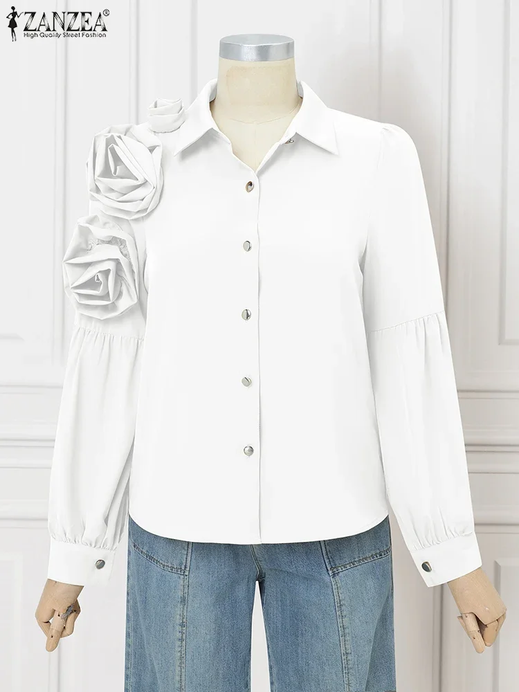 ZANZEA Elegant Shirts Women Autumn Long Seeve Blouse 2025 Decor Flowers Tops Fashion OL Work Tunic Solid Casual Loose Blusas