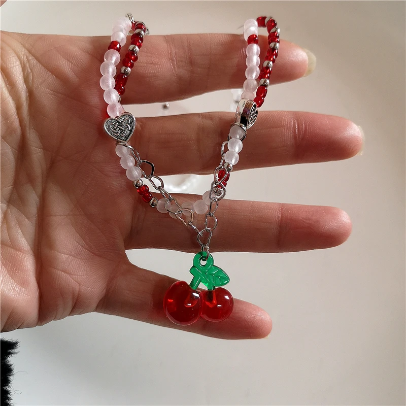 Goth Y2k Aesthetic Cherry Strawberry Pendant Pearl Beaded Necklace For Girl Vintage Cute Kawaii Charms EMO Jewelry Accessories