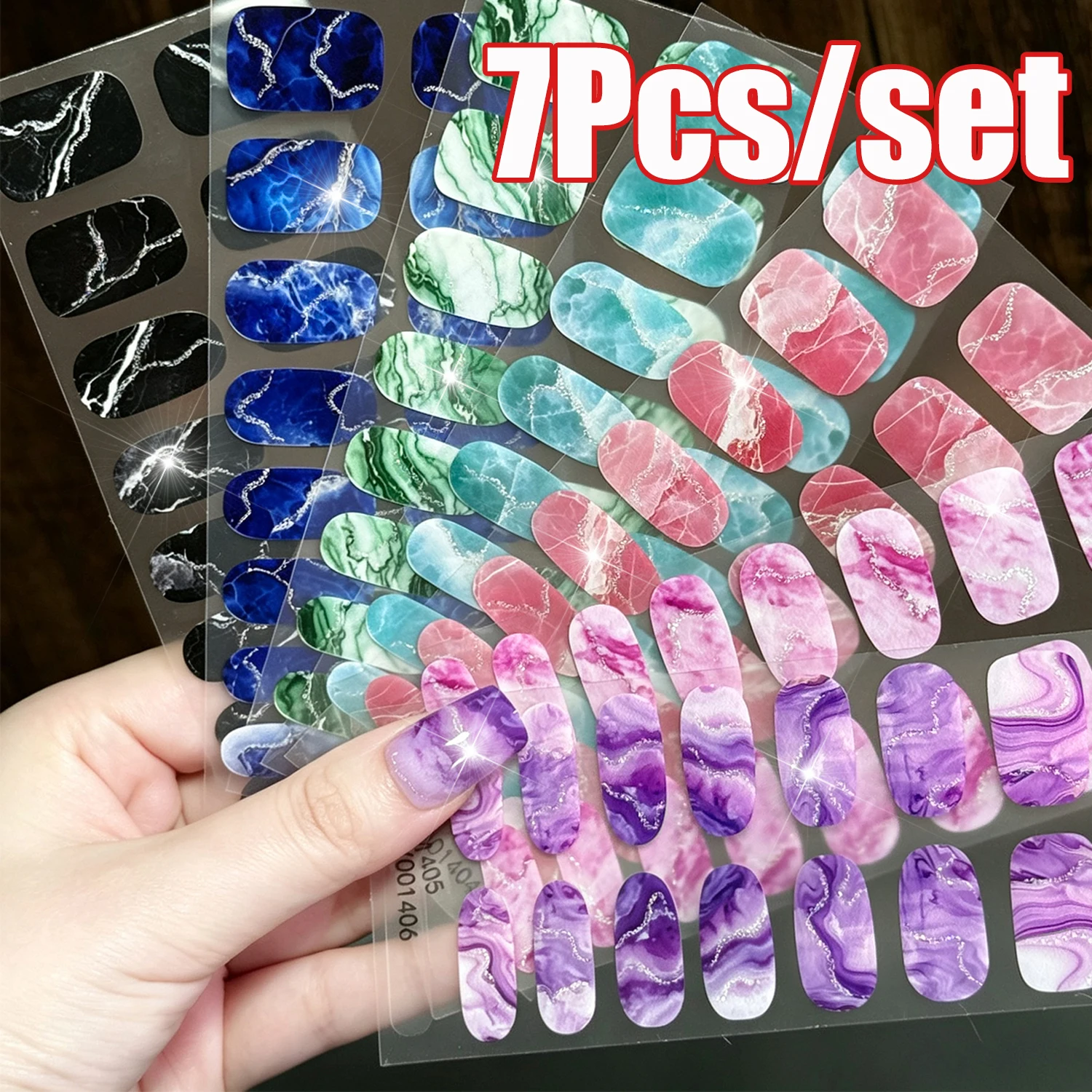 16tipsx7sheet Baking-Free Marble Ink Gradient Nail Art Sticker Red/Blue/Pink/Purple/Green/Black Glitter Silver Marble Nail Strip