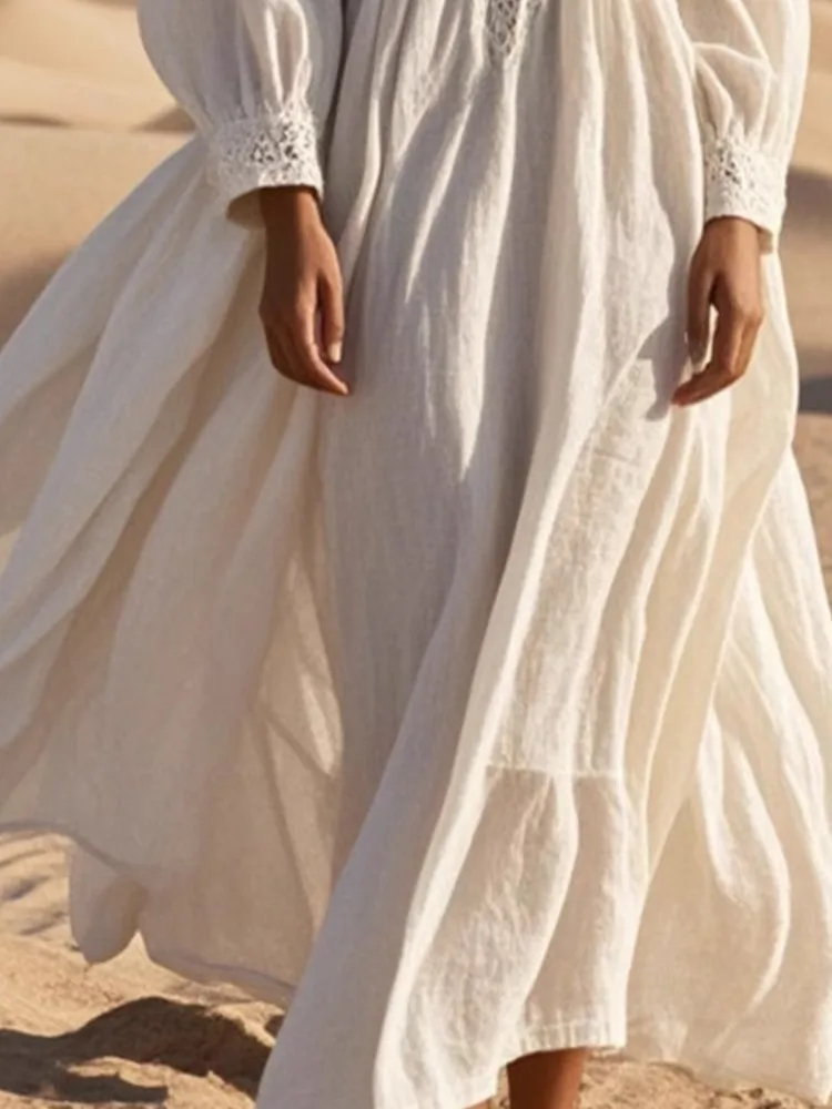 Sexy V Neck Lace Hollow Long Dresses Women Solid Loose Dress Casual Long Sleeve Vintage Beach Dresses New Vestidos Para Mujer