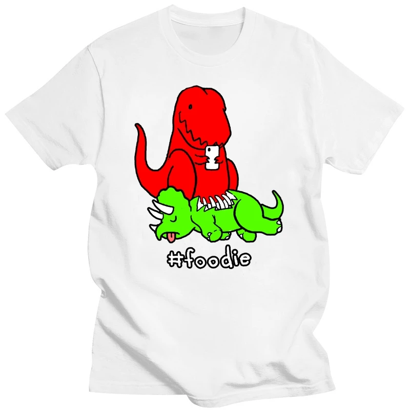 Summer 2020 Famous Brand Sad Tyrannosaurus T Rex Dinosaur Eat triceratops hastag #foodie photo T-shirt Print T shirts O neck