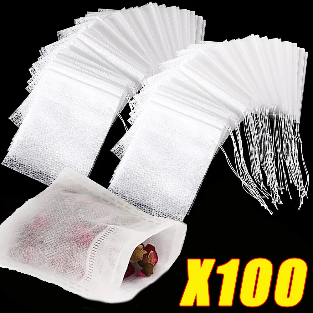 100/50Pcs Disposable Teabags Non-woven Empty Filter Bag For Spice Tea Infuser With Drawstring Spice Filters Teabags Kitchen Tool