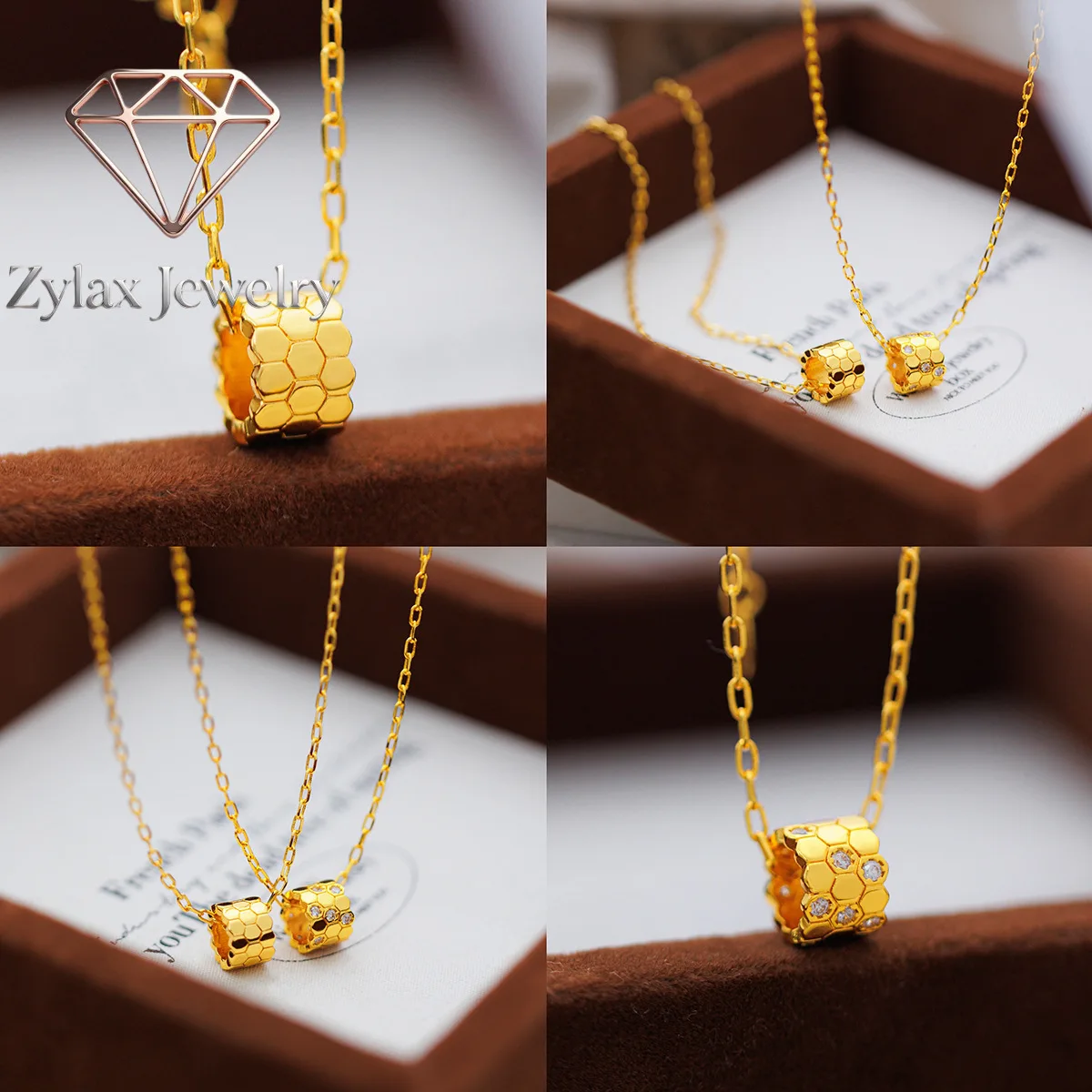 

Zylax Jewelry Luxury 24K 9999 Pure Gold real gold Advanced Sense Niche Honeycomb Micro-inlaid Small Waist Necklace Women's Clavi