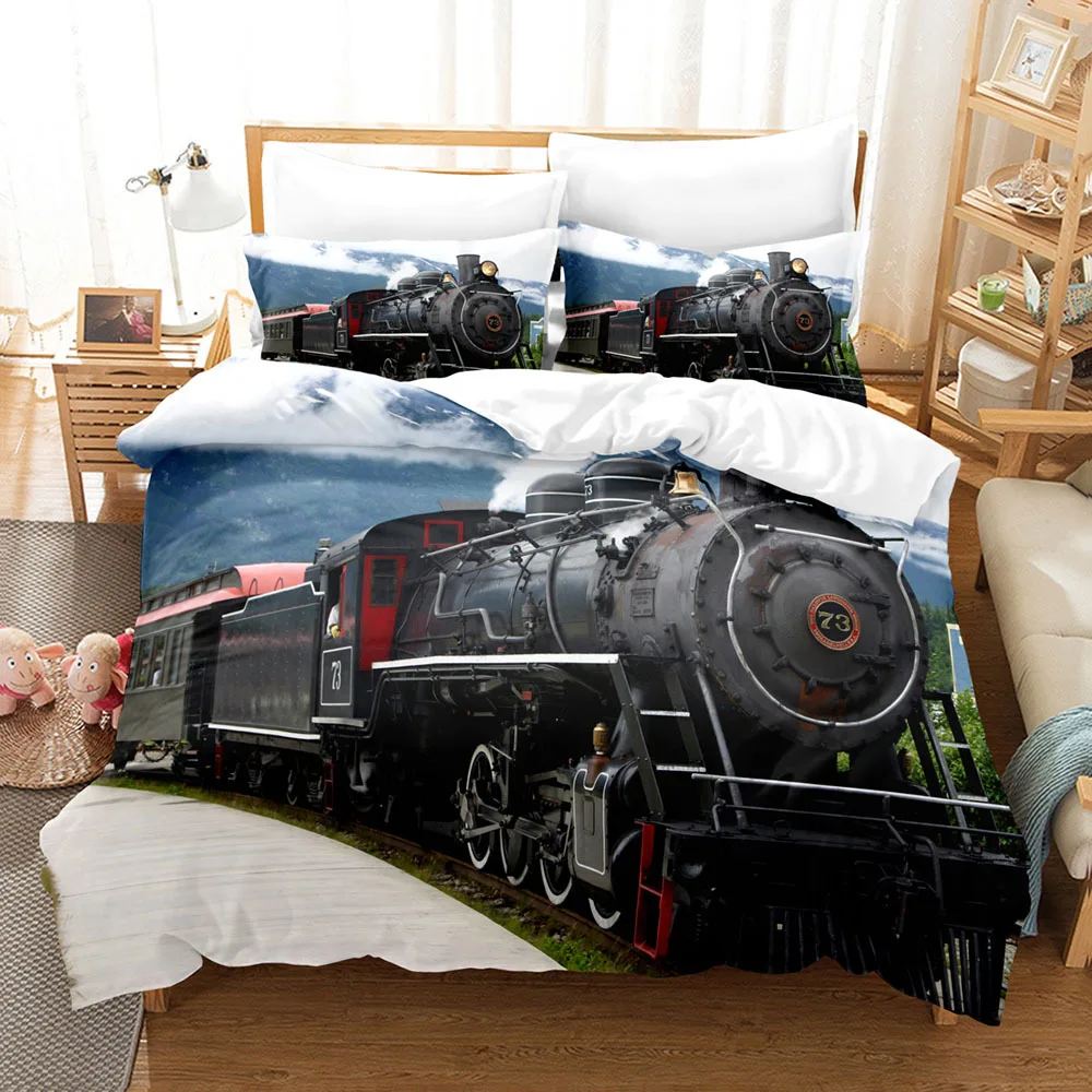 3pcs Bedding Set Vintage Steam Llocomotive Printed Cozy Duvet Cover King Queen Twin Size Birthday Gift for Adult Bedroom Decor