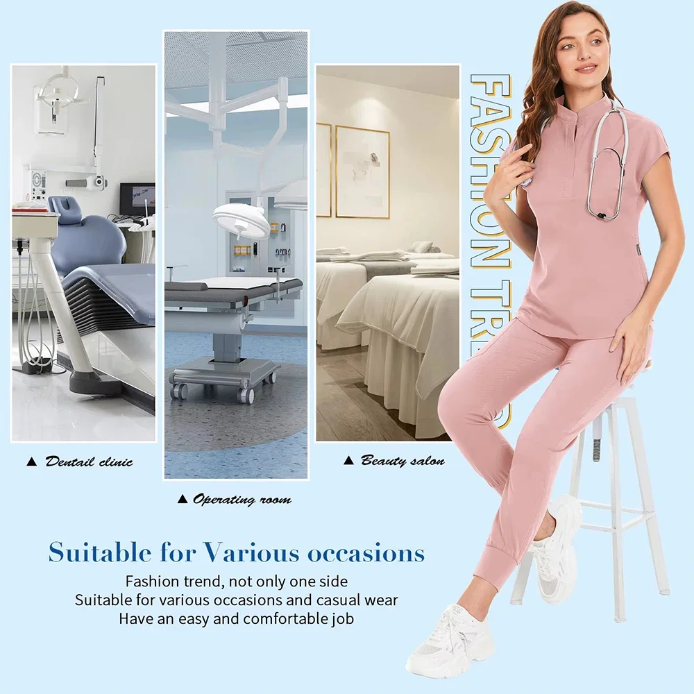 Conjunto Uniforme de Esfoliantes Elásticos femininos, Vestidos Cirúrgicos Hospitalares, Tops de Manga Curta, Terno de Calça Bocador, Roupas Médico, Acessórios Médicos