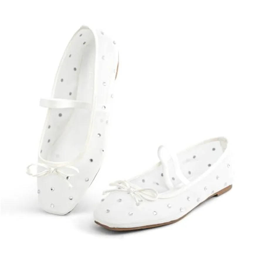 

MUSSHOE Mesh Ballet Flats for Women: Square Toe Mary Jane Flats with Rhinestone Slip-on Dressy Comfortable Casual Ballerina Sho