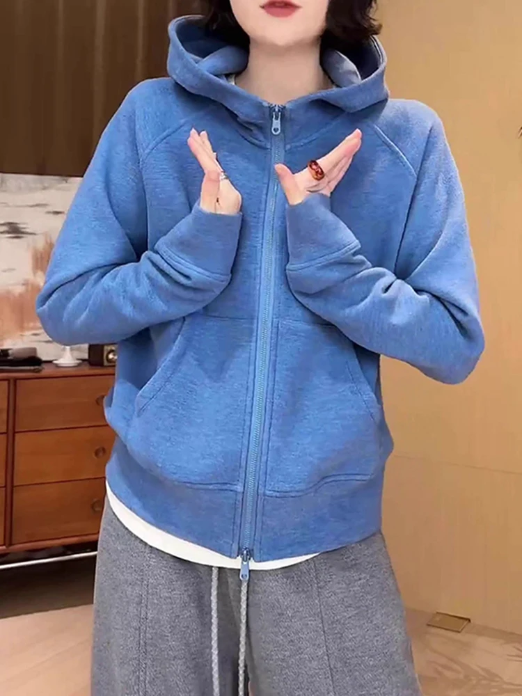 

Синяя толстовка с капюшоном на флисовой подкладке, женская, с двойной молнией, повседневная, спортивная, универсальная, осенне-зимняя, модная, утепленная, с длинными рукавами