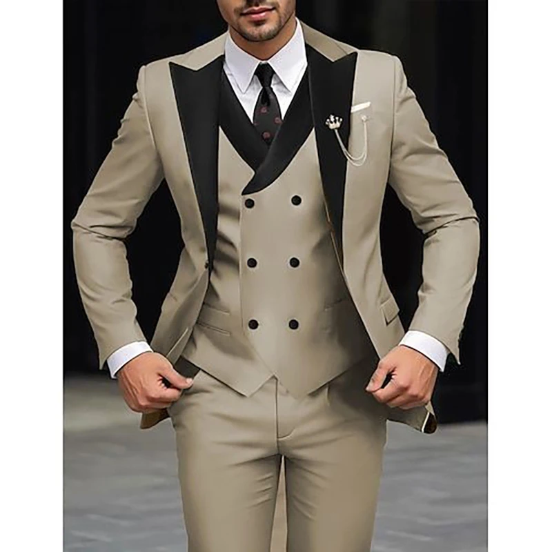 Fashion Men Suits Single Breasted Peak Lapel Slim Fit Male Clothing High Quality 3 Piece Jacket Pants Vest Full Sets Customized