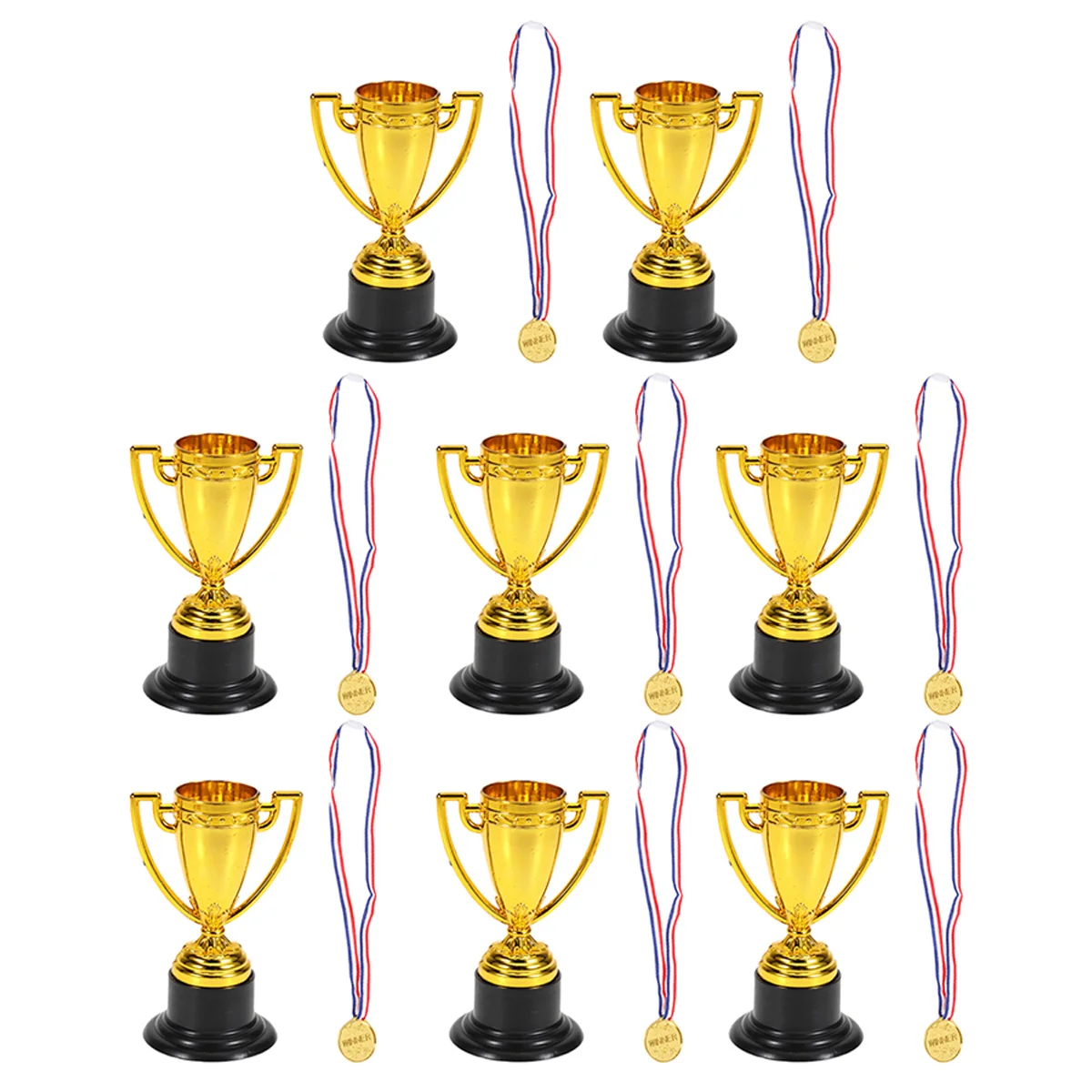Mini premios de plástico de 16 piezas para niños, medallas pequeñas, premios de regalo para niños, trofeo dorado (8x trofeos + 8x medallas)