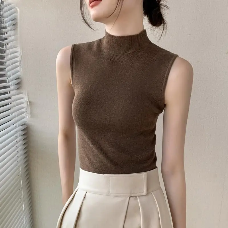 Wholesale Turtleneck Sweater Vest Base Slim Fit Pullovers Women Autumn Winter Pile Collar Sweater Sleeveless Solid Knitted Top