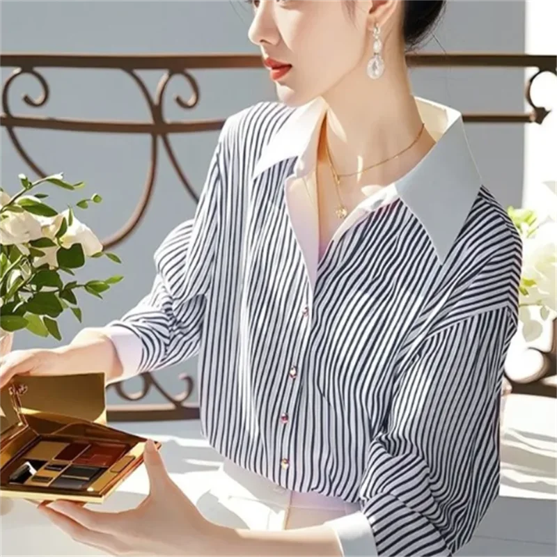 여성용 스트라이프 블라우스 셔츠, 우아한 셔츠, 캐주얼 루즈 긴팔 스플라이싱 셔츠, 패션 단추 업 튜닉 탑, 여성 블라우스