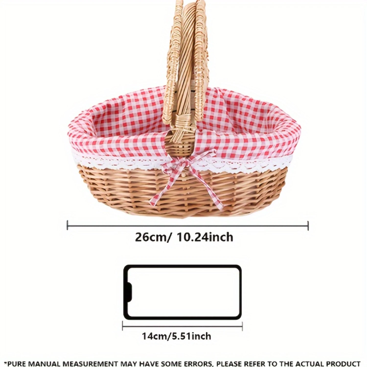 1pc Handwoven Rustic Oval Wicker Picnic Basket with Gingham Ribbon - Large Capacity Organizer for Shopping, Fruit, Snacks