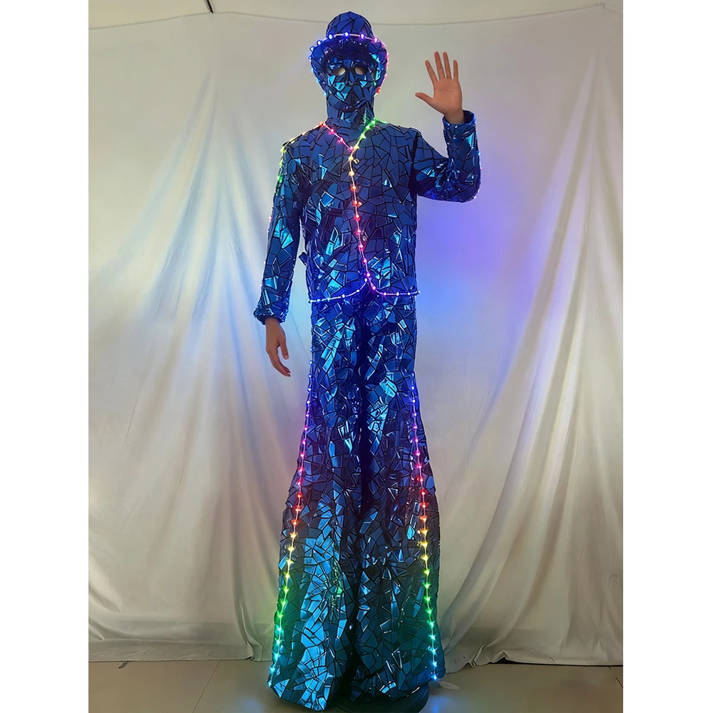 

Синий светодиодный тканевый костюм-клопля со шляпой и маской для мужчин, блестящий костюм для выступлений для вечеринок, праздников, крутой костюм