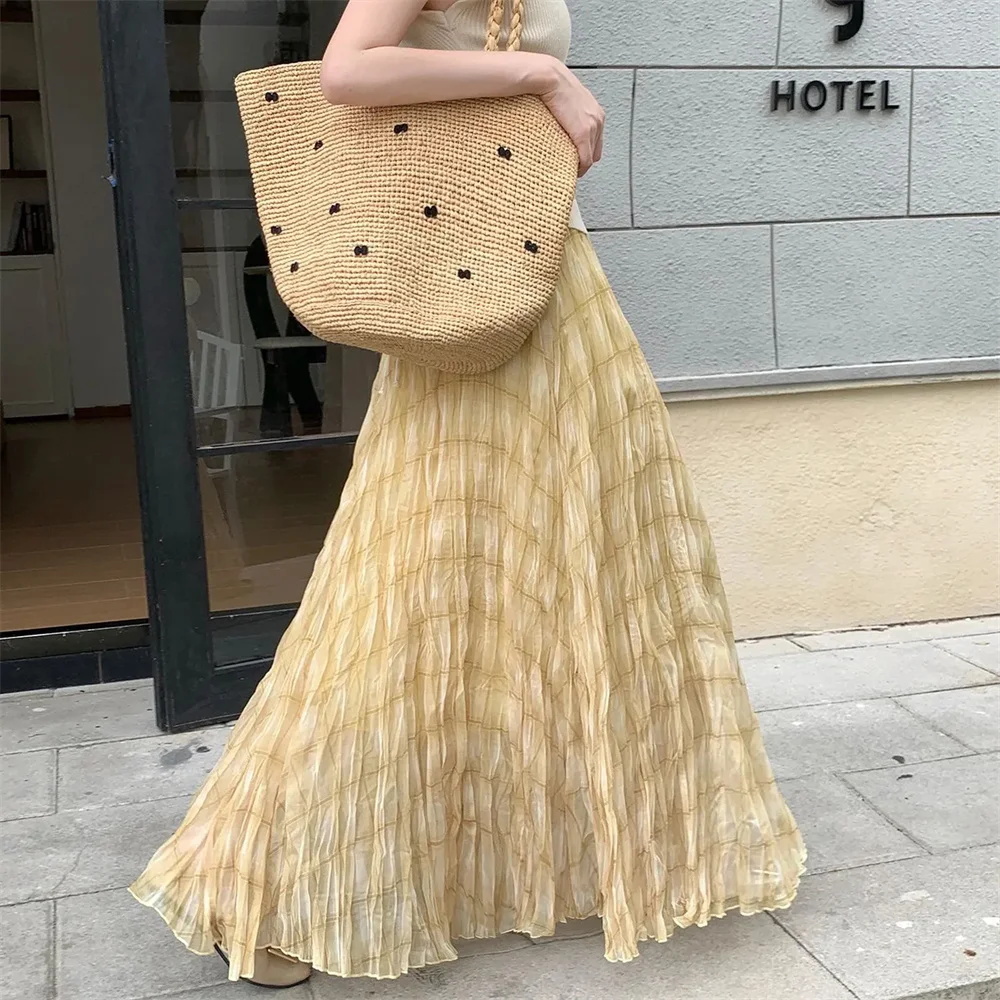 

Retro Plaid Print Tulle Maxi Skirt Women Spring Summer High Waist Slim A-Line Pleated Midi Skirt Vintage Flowy Ball Gown Style