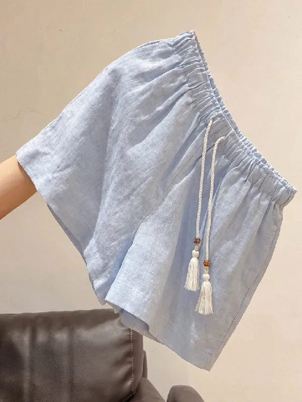 

plus Size Loose Drawstring Wide Leg Shorts Women Summer Thin Casual Blue Drapey Pants Comfortable Breathable Polyester Fiber