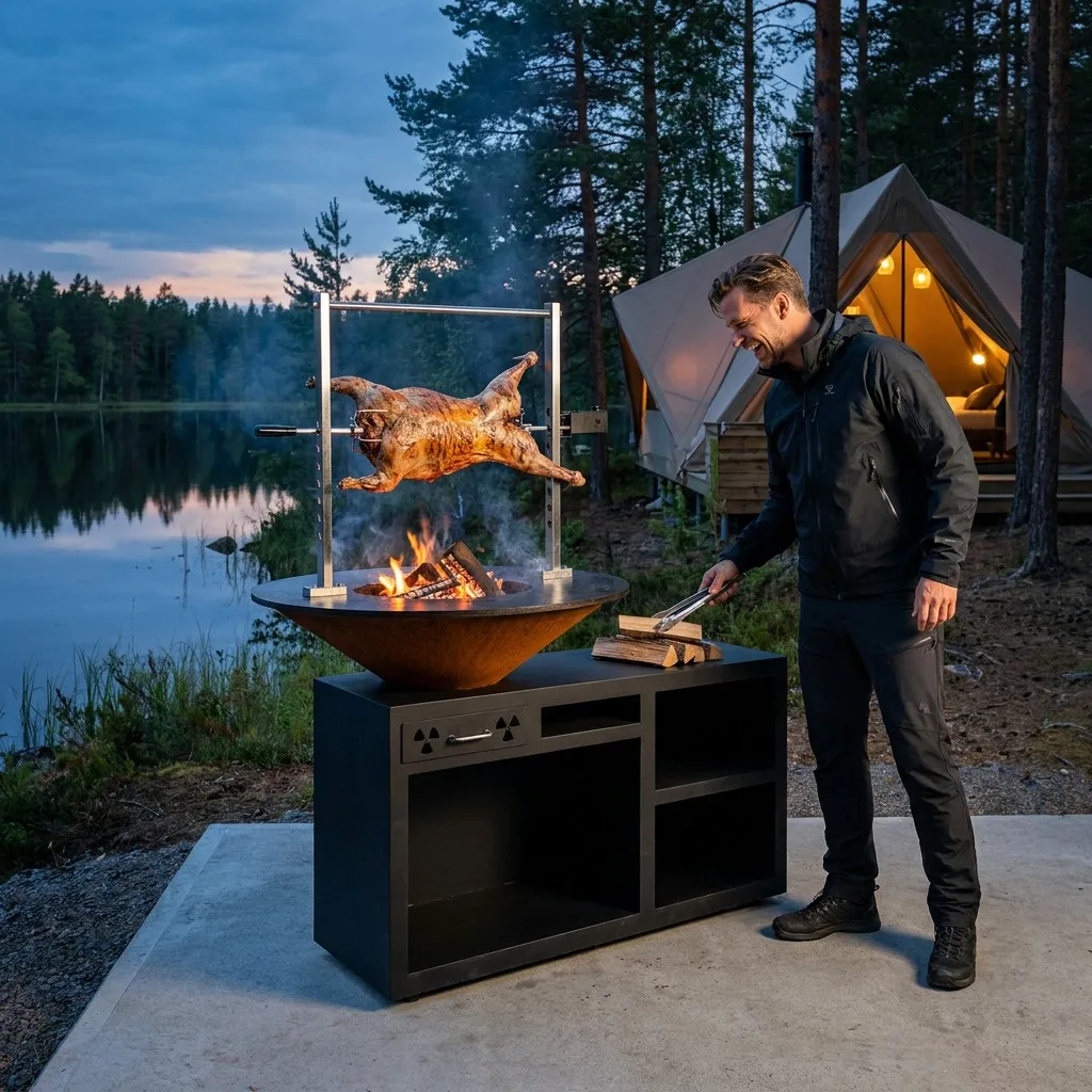 Round Corten Steel BBQ Fire Pit Grill Charcoal Wood Burning Brasero Plancha Outdoor Cooking Grill Rusty Brown Barbecue Fire Bowl