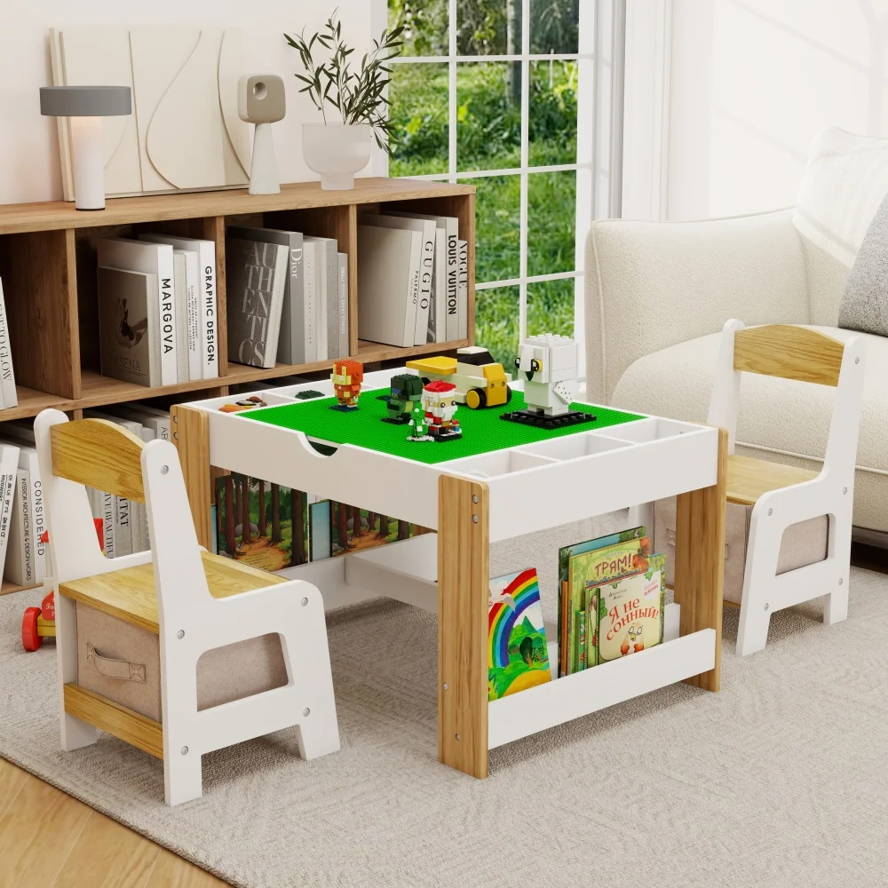 Orraves Kids 2 in 1 Play Table & 2 Chairs Set,with 7 Storage Compartments,Compatible with LEGO Building Block,Modern Activity Learning Table Game Furniture-White
