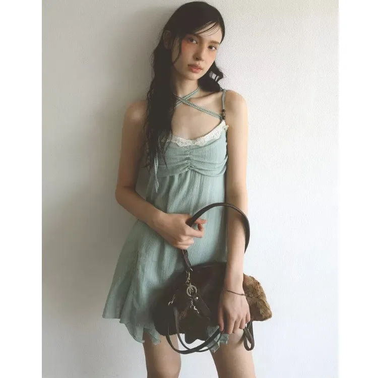 Summer New Korean Style Strap Dress Women's Fashion Ins Wind Other Material 100% Skirt Single Piece Daily Wear China Made