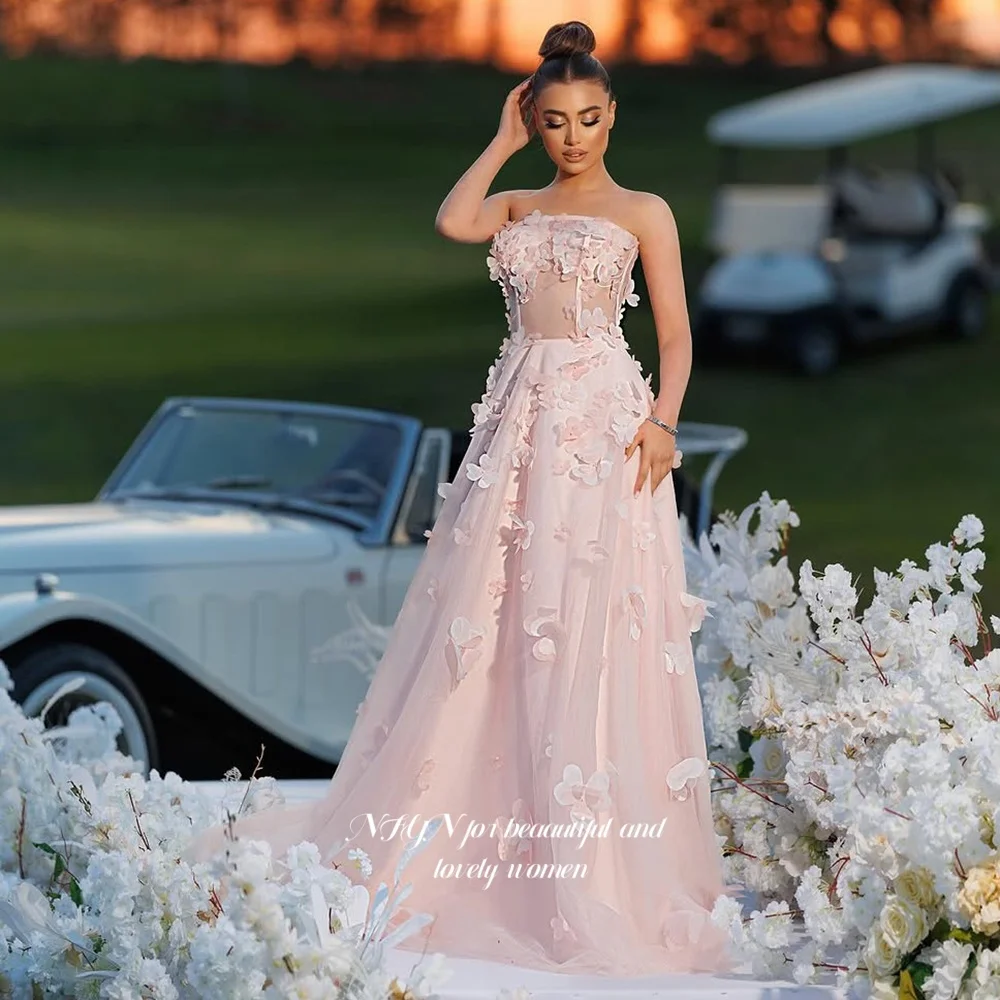Vestido de princesa floral NFYN Vestidos de fiesta sin tirantes de color rosa Vestido de fiesta de una línea Flores 3D chter Personalizado