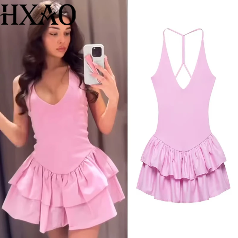 HXAO Sexy Party Neckholder Kleid 2025, Damen Frühling Sommer, elegantes kurzes Kleid, modisch, lässig, weiß, rosa, schwarz, Minikleid, Vestidos