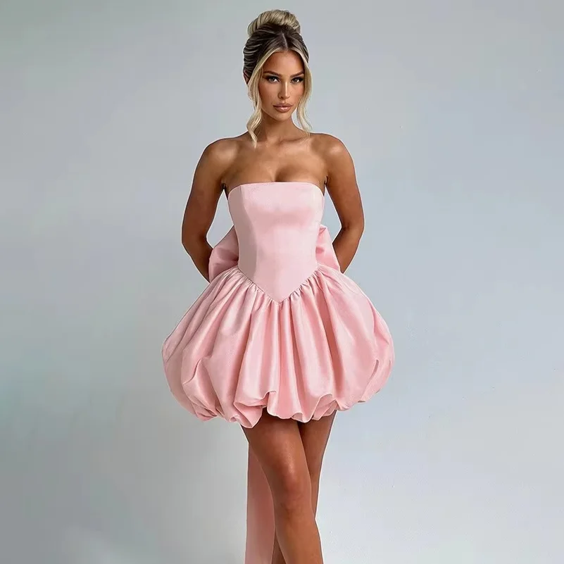 Strapless Satin Big Bow Tube Top Backless Skirt Short Skirt Wedding Party Dinner Sexy Strappy Evening Dress Dress for Women