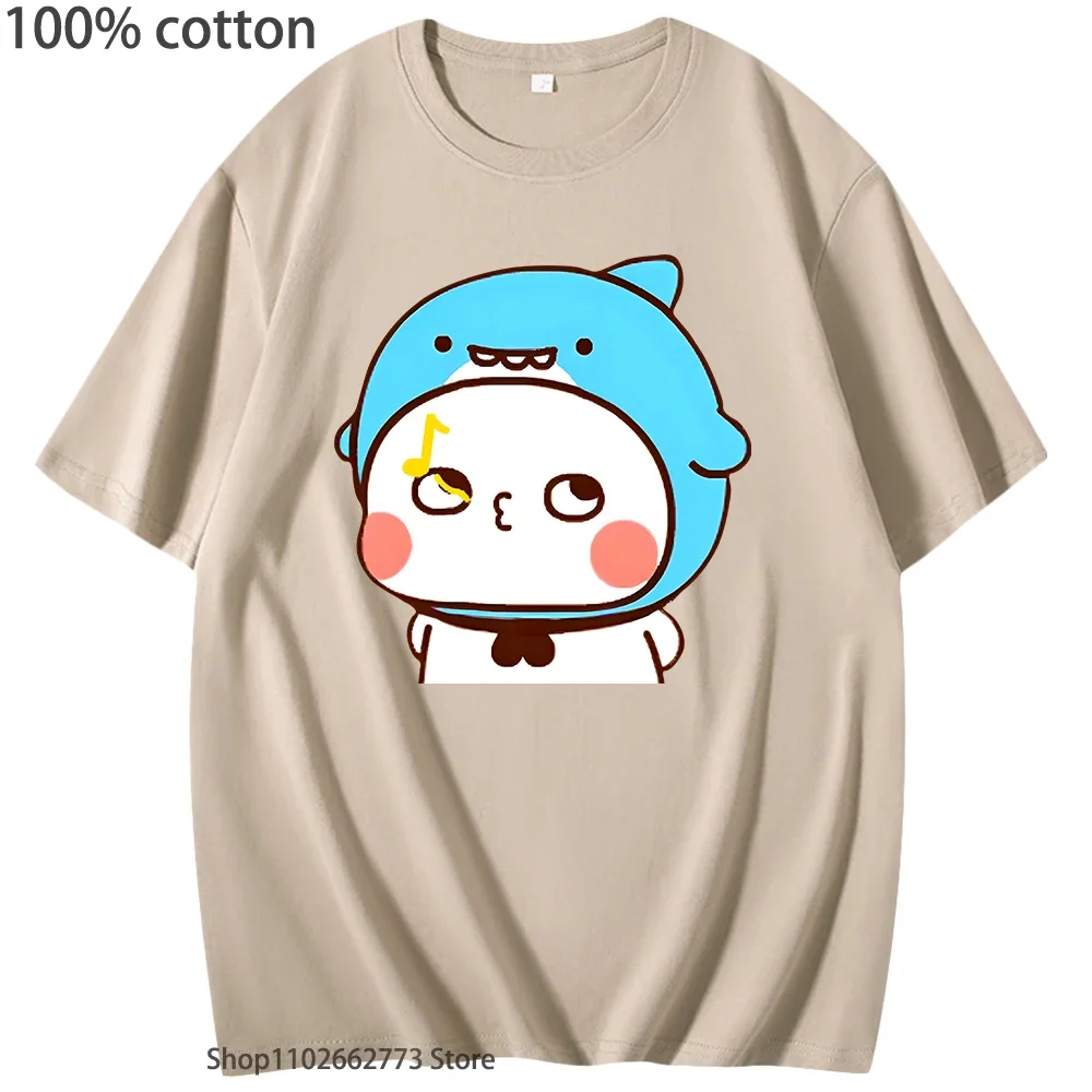Urocze koszulki z nadrukiem rekina Bubu gwizdającego, ubrania z grafiką pandy, damskie i męskie, kawaii, urocza koszulka, 100% bawełna, odzież, okrągły dekolt, letni top