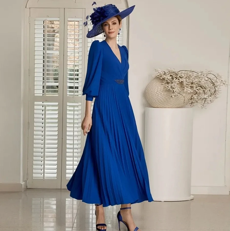 

A-Line Long Mother Of The Bride Dresses V-Neck 3/4 Sleeves Wedding Party Gowns Pleat Beads Ankle-Length Wedding Party Dress 2024