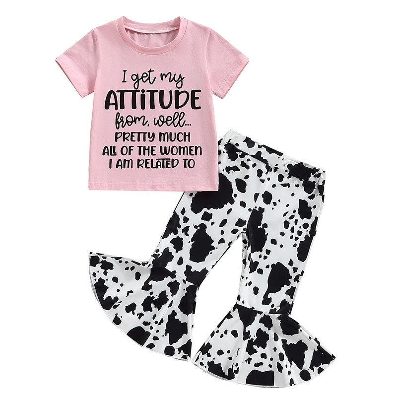 

Little Girls Summer 2PCS Pants Sets Short Sleeve Letter Print Tops Cow Print Flared Pants Sets