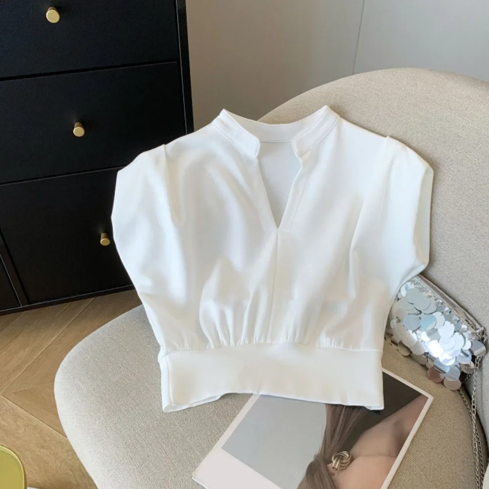 

Fashion V-neck Flip Collar T-shirt Y2K Wide Shoulder Sleeveless Crop Top Slim Fit Chic Basic Tees Shirts Women Beach