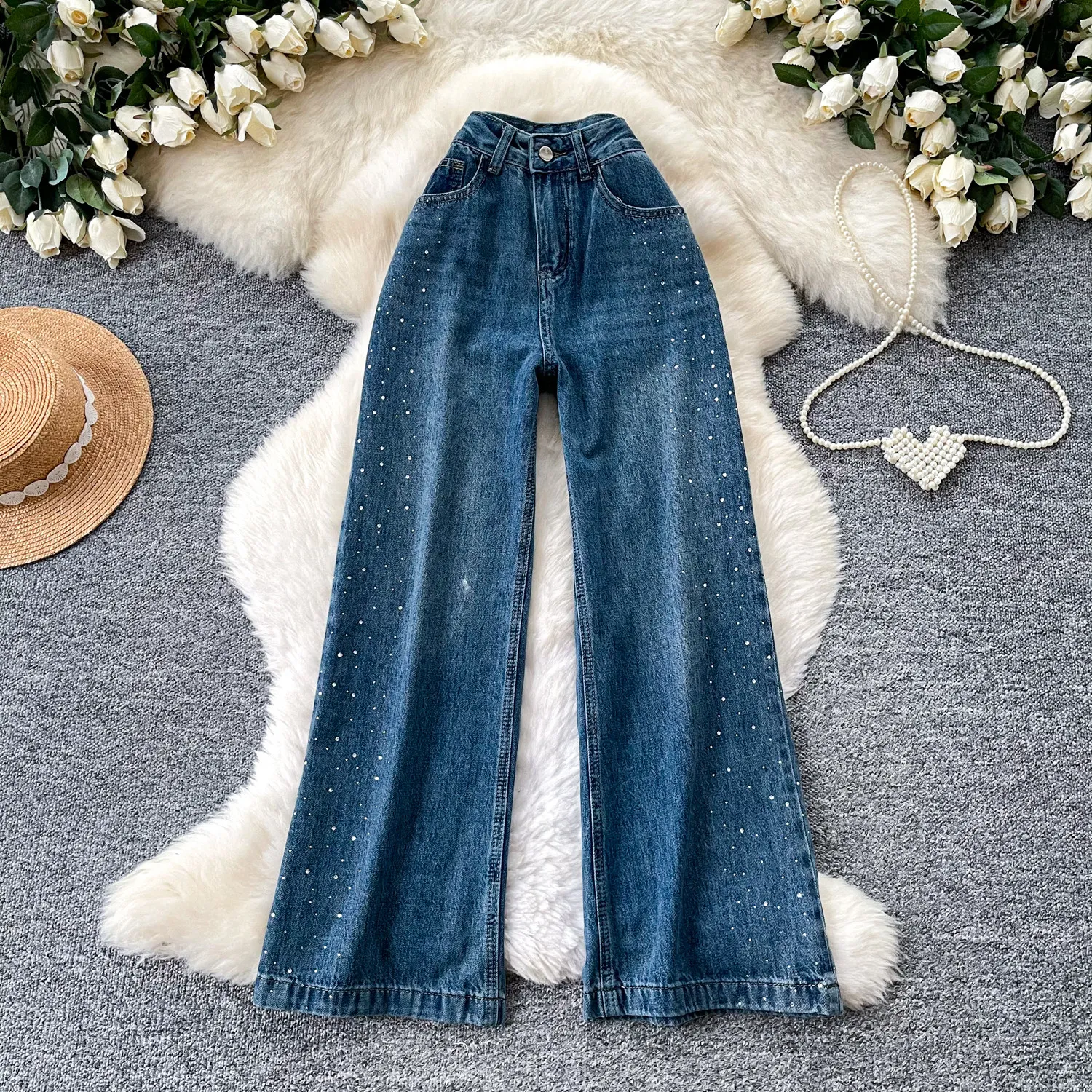 Blue Rhinestone Women's Jeans 2026 Autumn Vintage Commuter High Waist Wide Leg Denim Pants Loose Slim-looking Long Trousers
