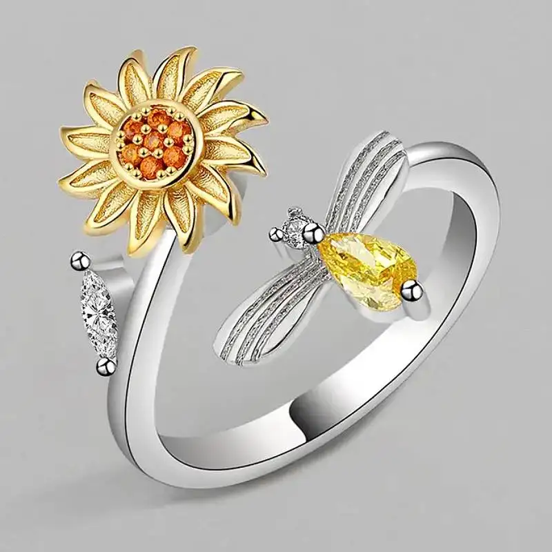Huitan Zarter zweifarbiger Damen-Öffnungsring mit Sonnenblumen-Bienen-Design, Party- und Alltagsmode-Accessoires, eingelegter CZ, frischer, schicker Schmuck
