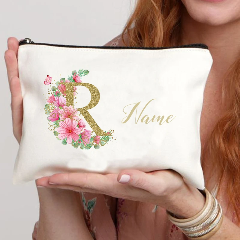 Bolsa de maquillaje personalizada con patrón de letras y flores, bolsa de artículos de tocador para mujer, accesorios de viaje, regalo, bolsa de almacenamiento multifuncional, billetera