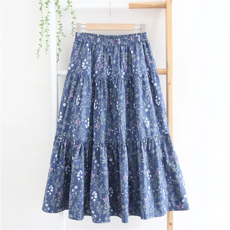 

Elastic Waist Gentle Spring Summer Cotton Linen New Floral A-Line High Waist Long Skirt pe Cotton Linen Women's Slimming