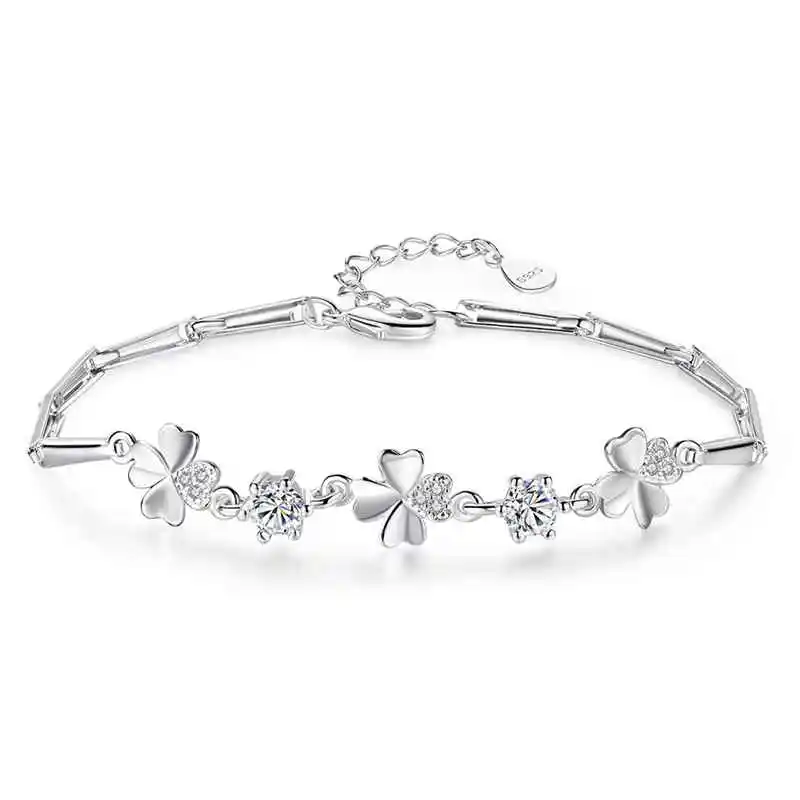 

925 Sterling silver Zircon Lucky Clover bracelet Crystal Ladies Exclusive gift Wedding party jewelry 20cm
