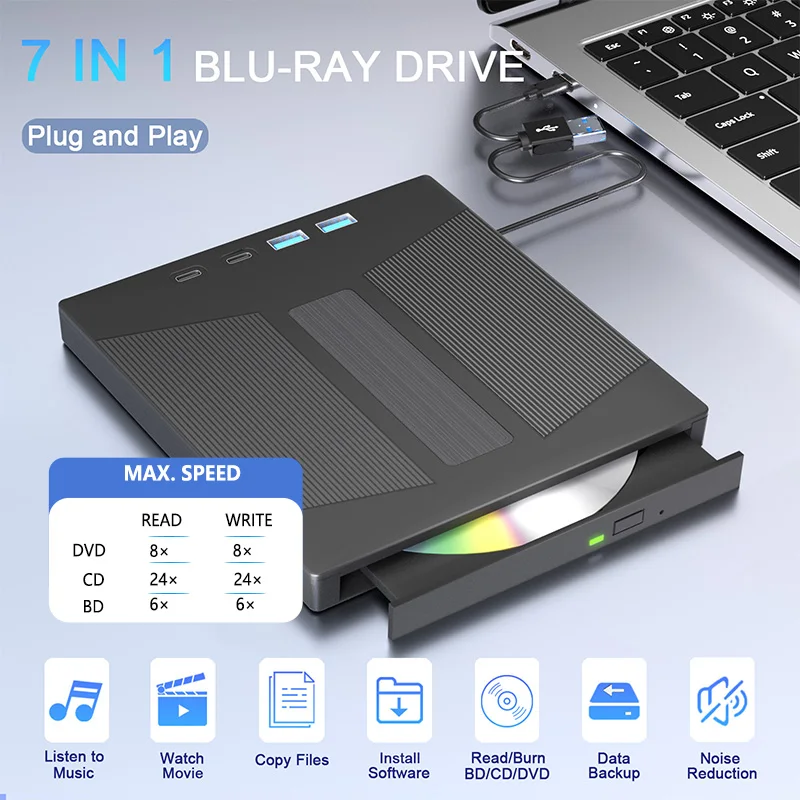 Imagem -02 - Óptica Blu-ray Externa com Estojo de Transporte Usb 3.0 bd cd Dvd +rw Leitor de Gravador para Windows 11 10 Mac pc Laptop Unidade