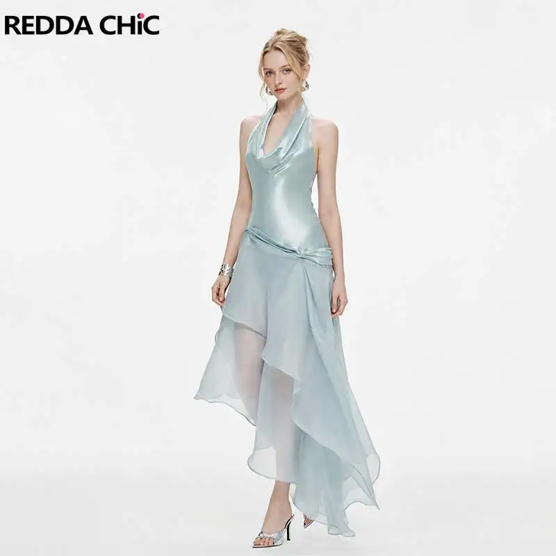 REDDACHiC Asymmetrical Halter Party Dress for Women Birthday Draped Collar Ruffle Pleated Long Party Gown Wedding Guset Costume