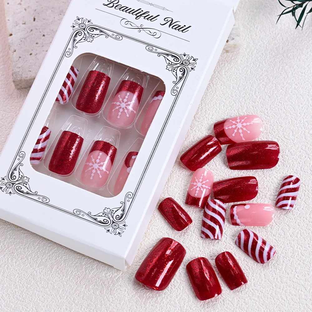 24 Stücke Weihnachten Rot Glitter Gefälschte Nägel Weihnachten Hut Weiße Schneeflocke Streifen Design Drücken Sie Auf Nagel Kurze Quadratische Weihnachten Falsche nagel Tipps