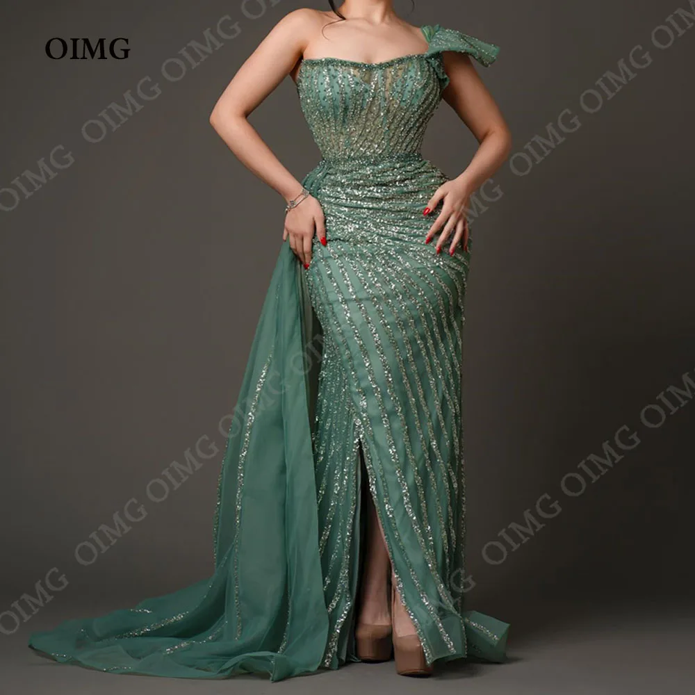 OIMG Shiny Green Sequins Evening Dresses Mermaid Side Train Slit Prom Dress Woman Second Reception Gowns Plus Size Elegantes