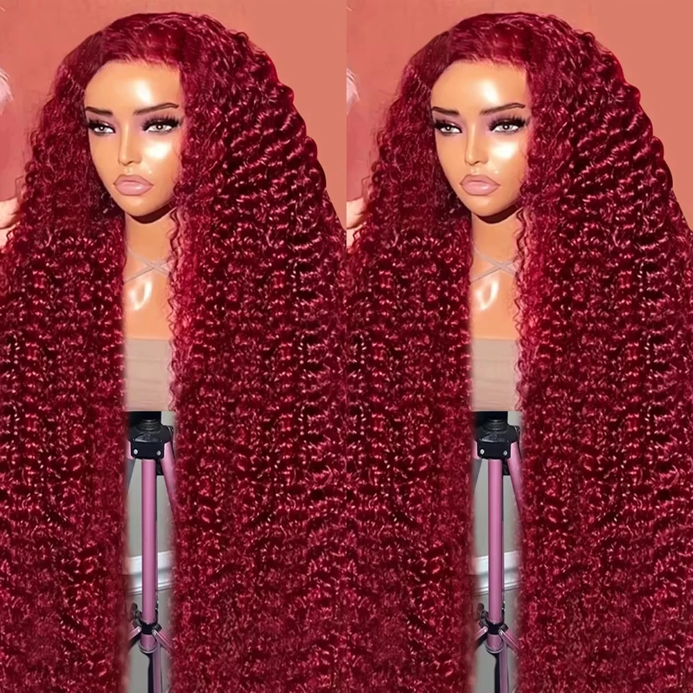 13x4 99J Burgundy Deep Water Wave Lace Front Wig 200 Density Curly 36 Inch 13x6 Lace Frontal Human Hair Wig Red Wine For Women