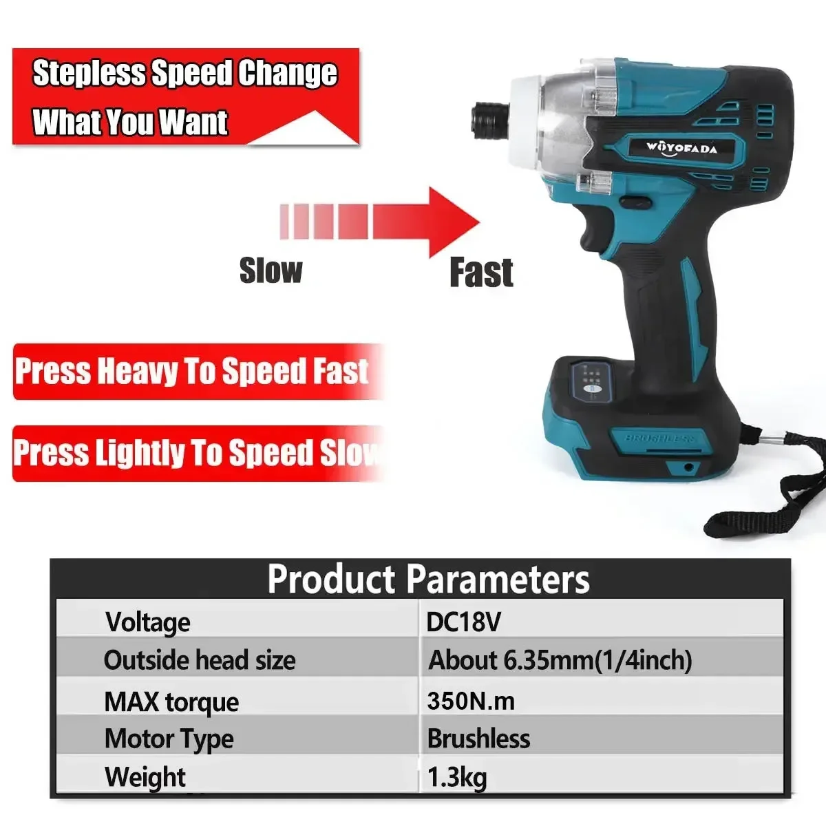 WOYOFADA-Visseuse électrique sans fil 18V, tournevis à percussion sans balais rapide, perceuse aste, lumière LED pour batterie Makita