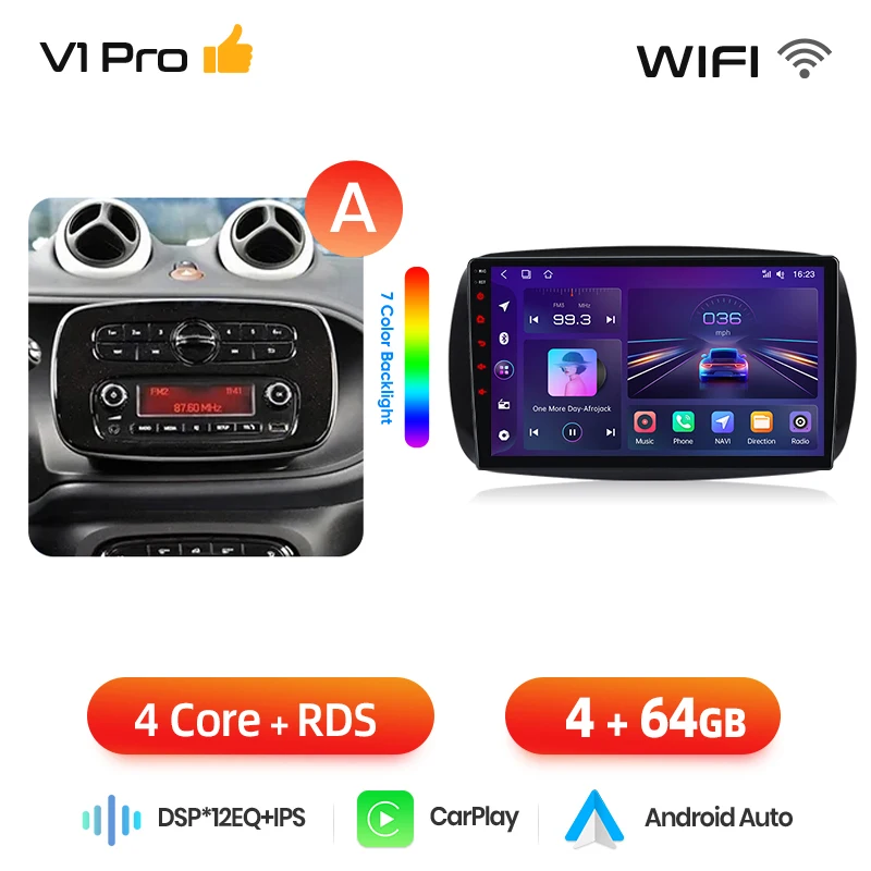 Junsun draadloze CarPlay Android Auto autoradio voor Smart Fortwo (C453) / Forfour (W453) 2014-2021 met ingebouwde koelventilator, Android GPS navigatie, multimediaspeler, WiFi, DSP, RDS, BT, SWC, IPS