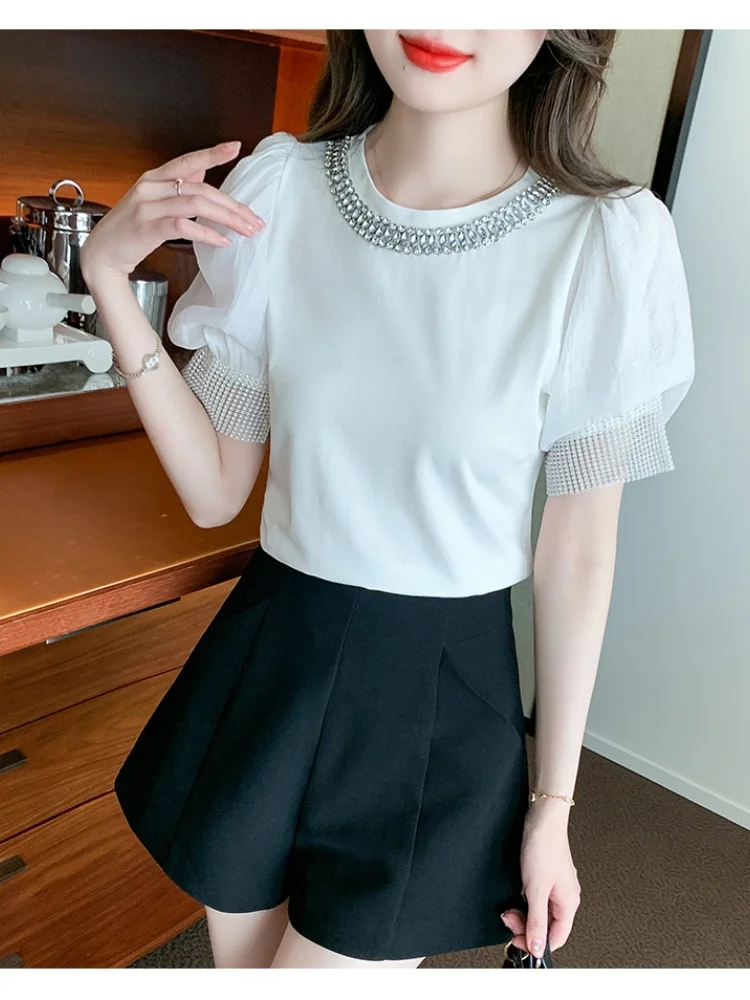 SMTHMA 2024 Summer New Luxury Diamond Bead Puff Short Sleeves Sweet Top Women\'s Short Sleeved T-Shirt For Women Clothing