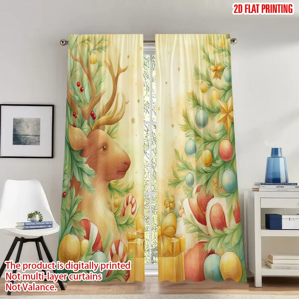 

2pcs 2D flat printing Merry Christmas Curtains Christmas Reindeer Dog Gift Digital Printed Polyester Drapes Birthday Party for