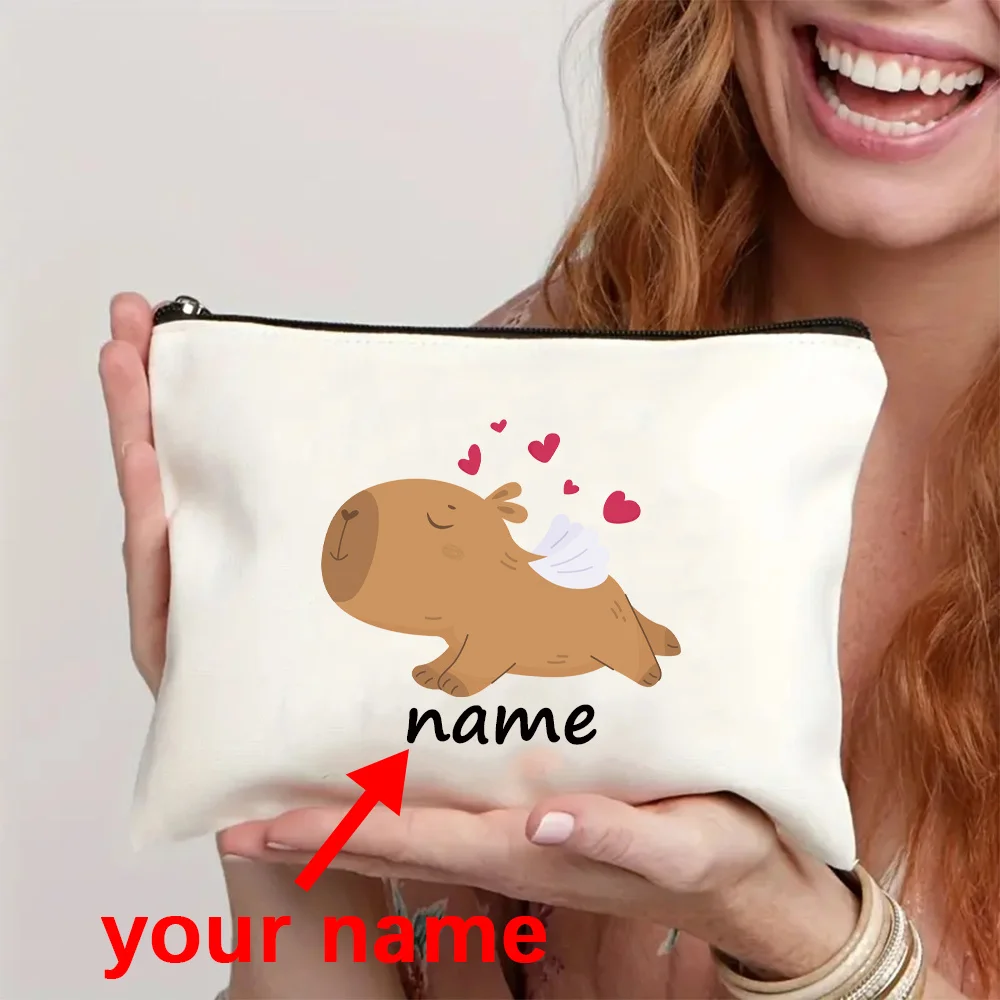 Custom Capybara Cosmetic Pouch Cute Winged Capybara Print Travel Makeup Storage Zipper Bag Funny Personalized Gift