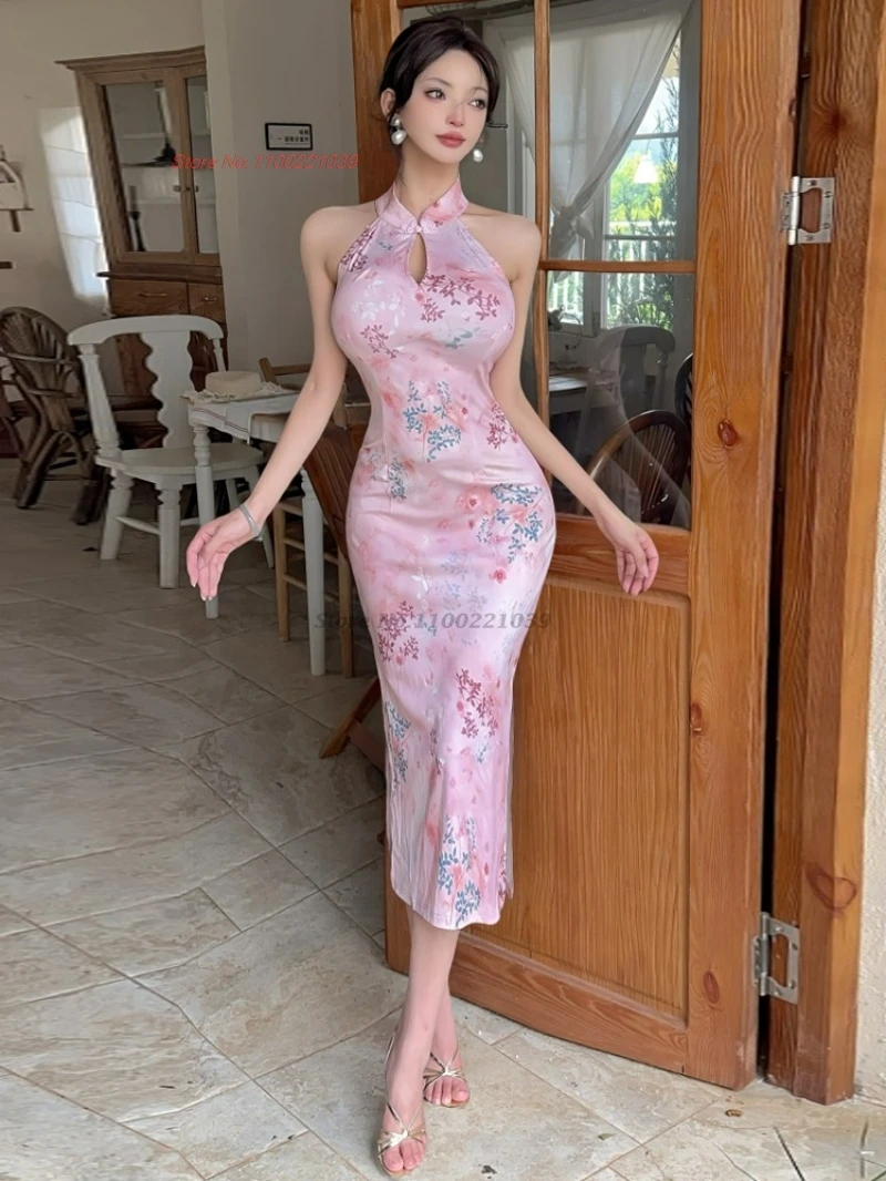 

Китайское сексуальное платье 2021, Cheongsam без рукавов, традиционное платье Ципао с цветочным принтом для ночного клуба, ретро, банкетное вечернее платье, платье