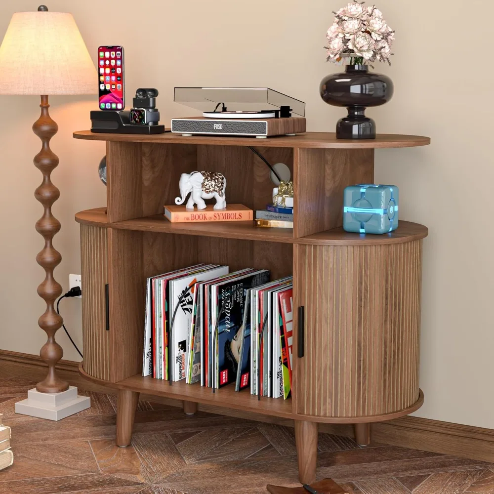 حامل القرص الدوار الكبير الحديث لمنتصف القرن مع منافذ شحن USB وخزانة تخزين السجلات #2