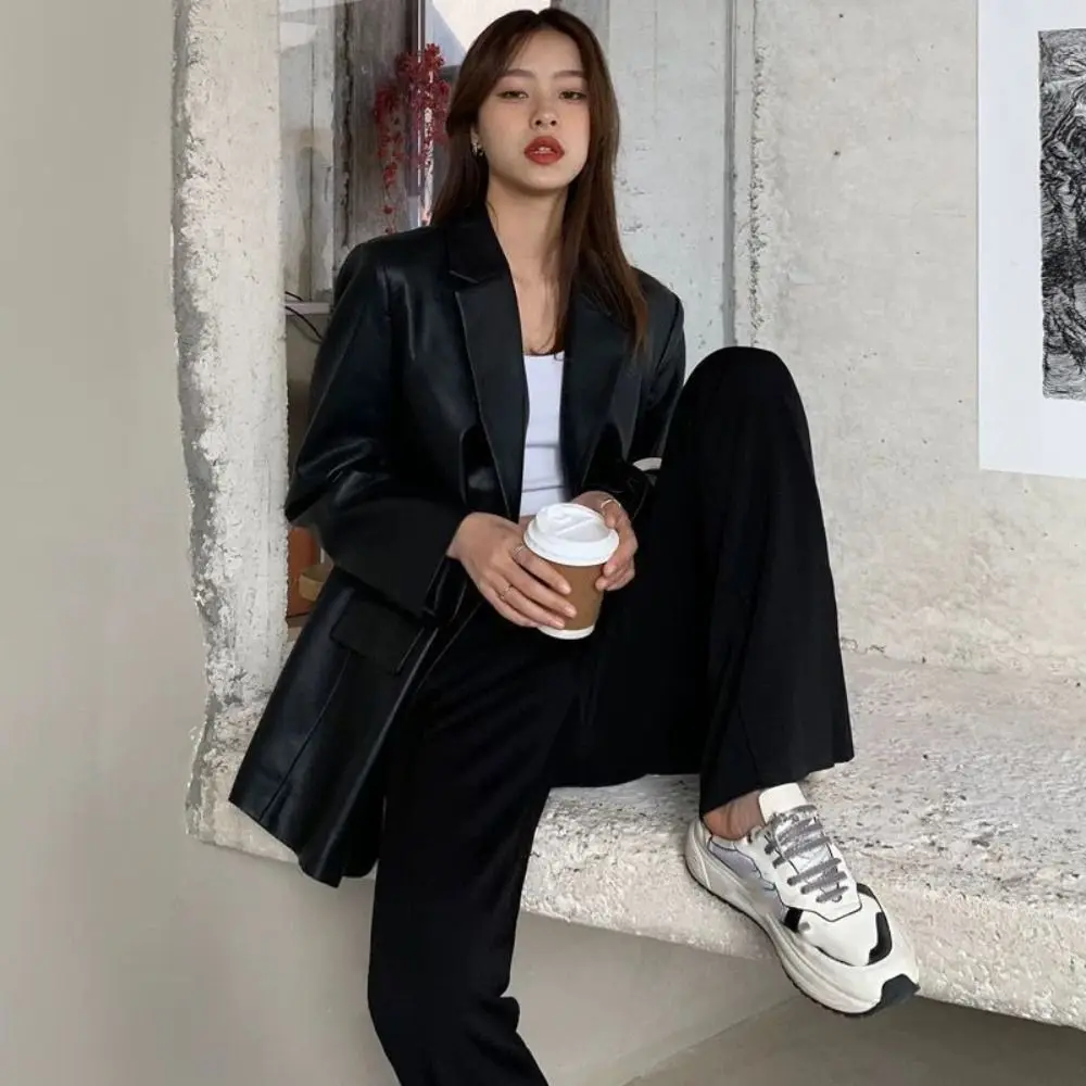 

Lapel Collar Leather Jacket Women Outerwear Korean Chic Suit Leather Jacket Retro Loose Windbreaker Jackets Autumn/Winter